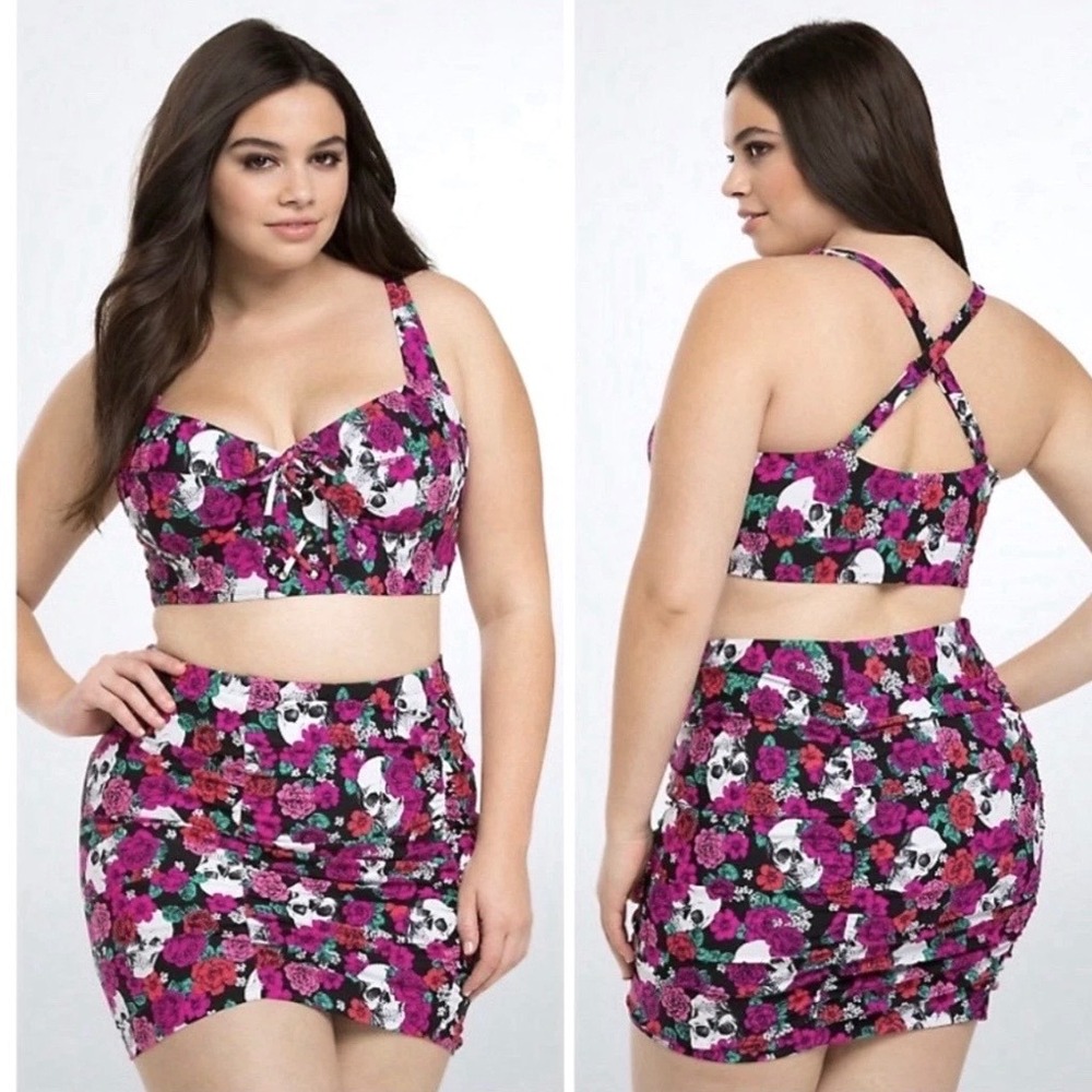 NEW Torrid 1 Skull Floral Swimsuit Bikini TOP Rose Pink Underwire Sexy Lace 1X